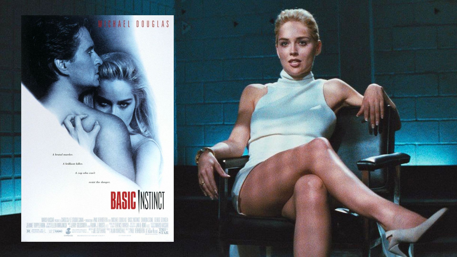Aktorka Sharon Stone w białej sukni siedzi na krześle na niebieskim tle