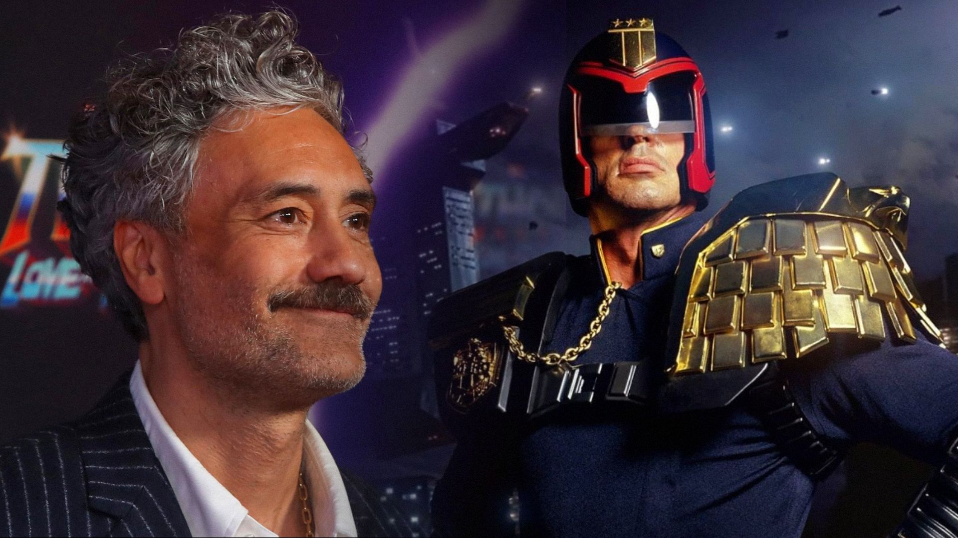 Reżyser Taika Waititi w marynarce i aktor Sylvester Stallone w czerwono-niebieskim hełmie