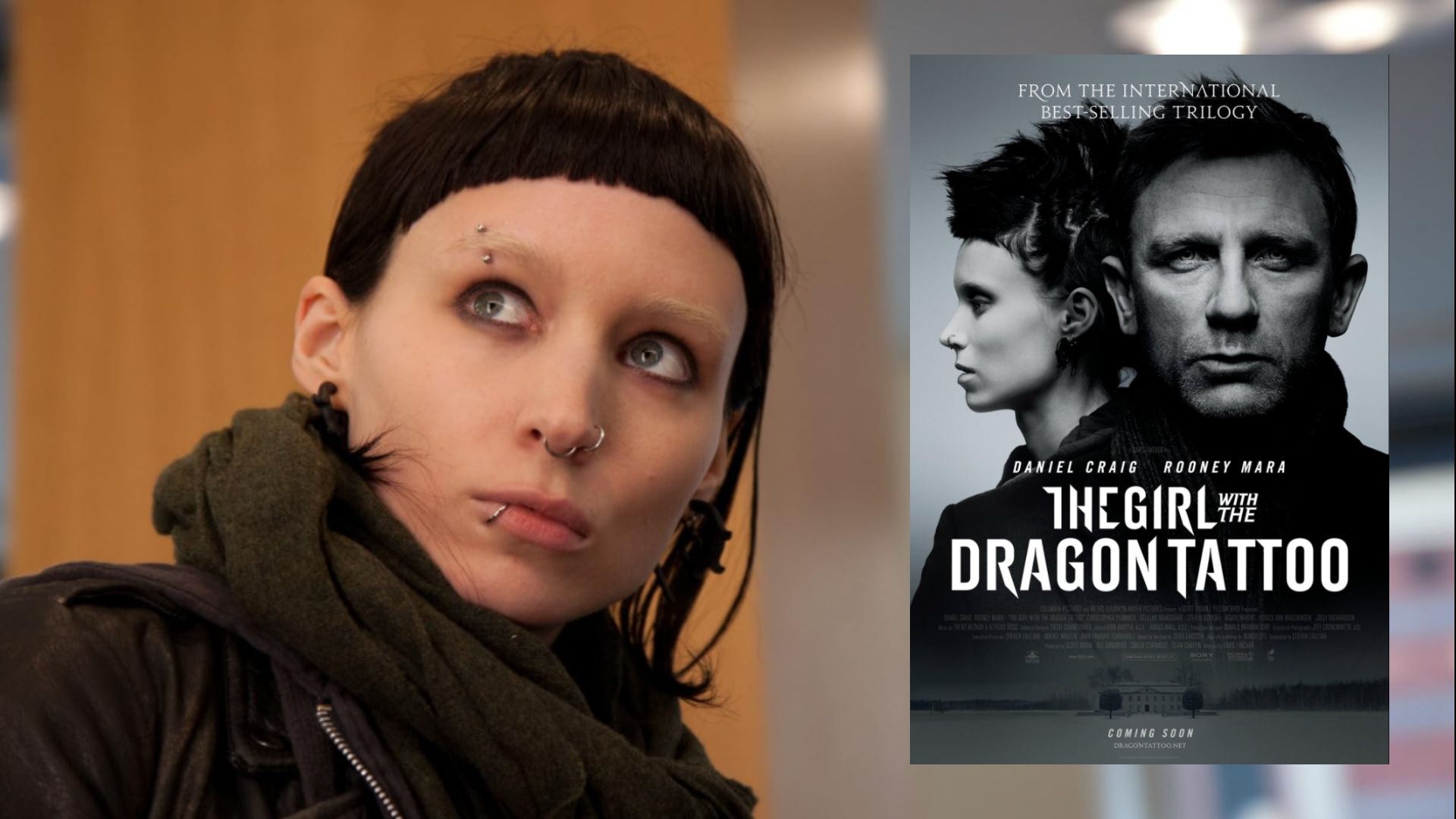 Aktorka Rooney Mara z czarnymi włosami i plakat filmowy, na którym stoi obok aktora Daniela Craiga