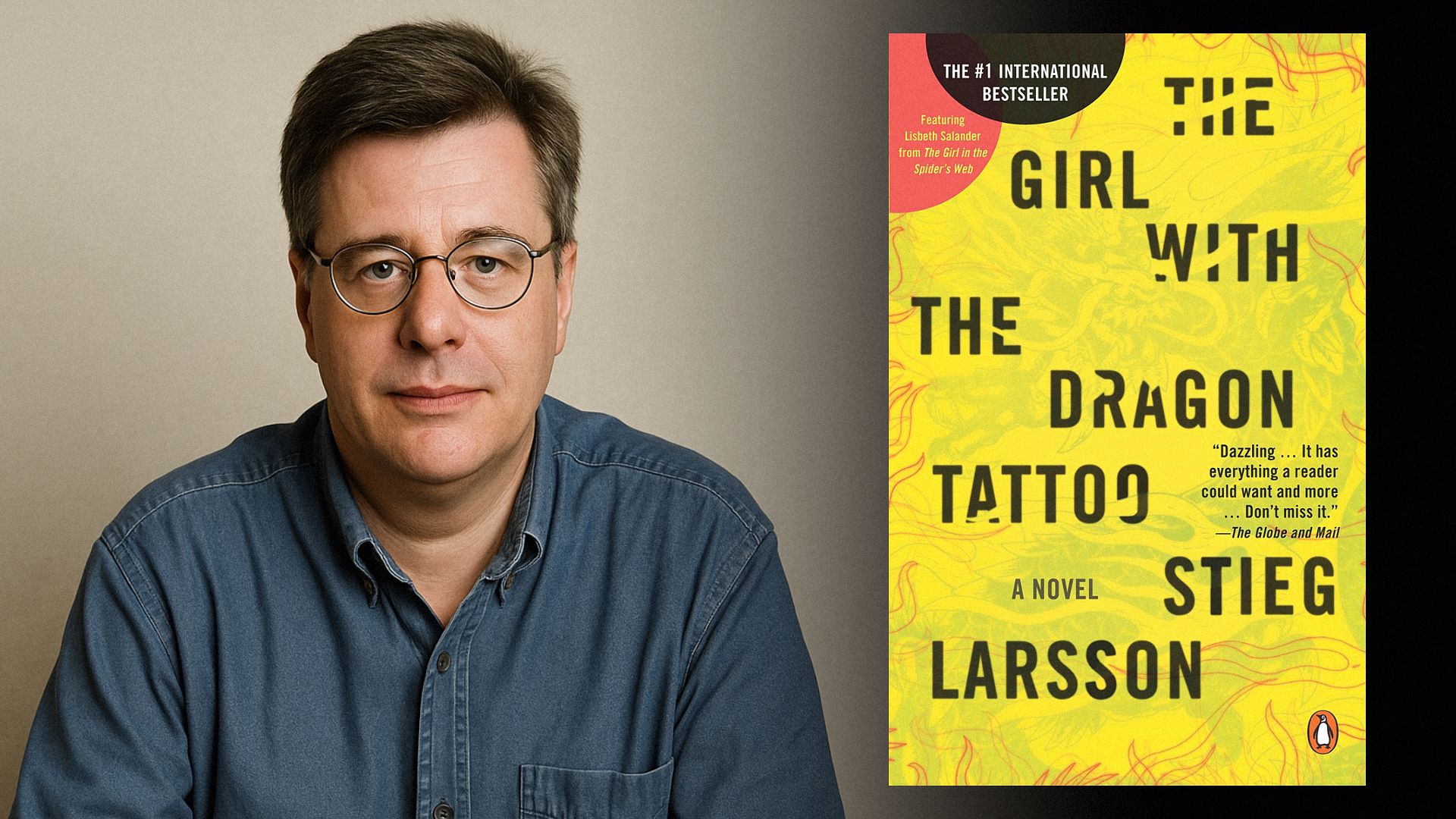Pisarz Stieg Larsson w dżinsowej koszuli i okularach, obok okładki książki z wizerunkiem smoka