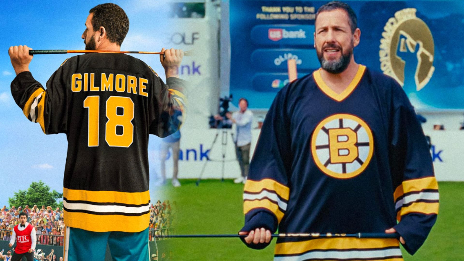 Aktor Adam Sandler z kijem golfowym w rękach stojący na polu golfowym