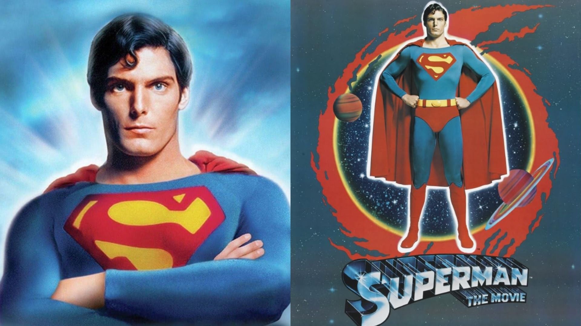 Aktor Christopher Reeve stoi w niebiesko-czerwonym kostiumie superbohatera z literą S na piersi