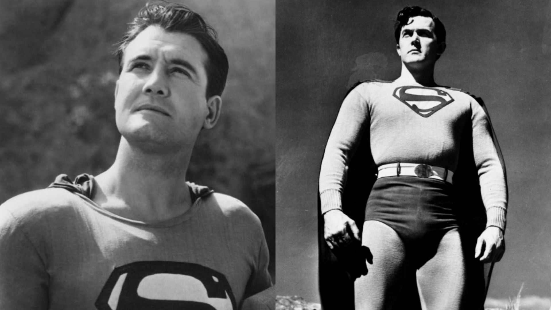 Aktorzy Kirk Alyn i George Reeves w kostiumach superbohaterów z literą S na piersiach