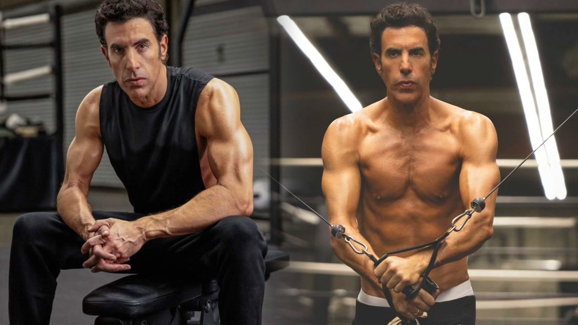 Aktor Sacha Baron Cohen w czarnej koszulce bez rękawów prezentuje swoje napompowane mięśnie, po prawej ćwiczy na sprzęcie treningowym