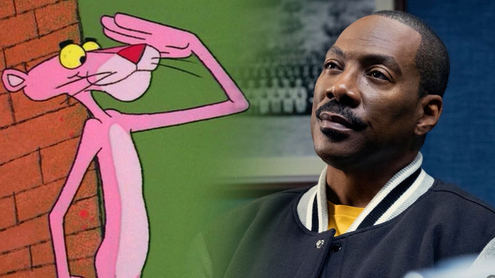 Kreskówkowa różowa pantera i aktor Eddie Murphy w szaro-czarnej kurtce bomberskiej