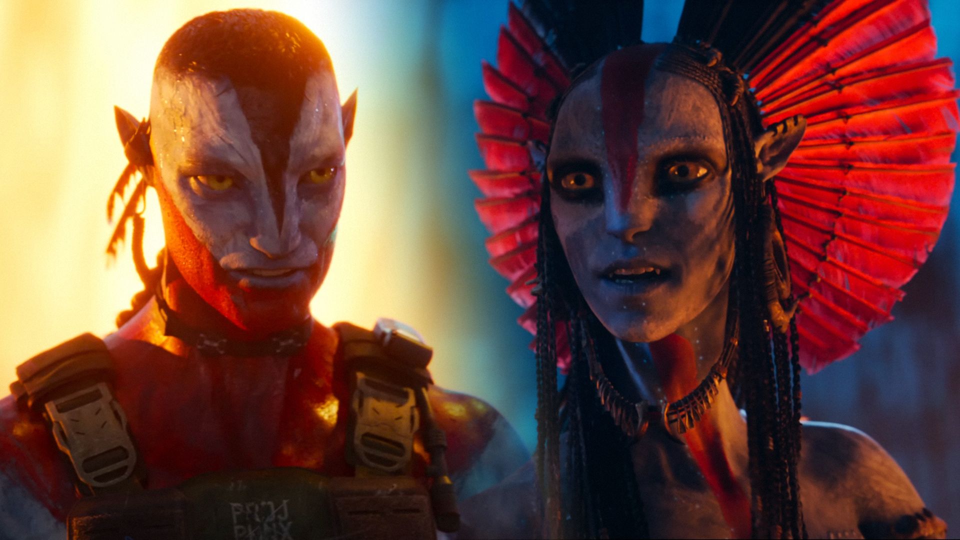 Humanoid z niebieską skórą w pancerzu, kobieta humanoid z dredami i piórami we włosach