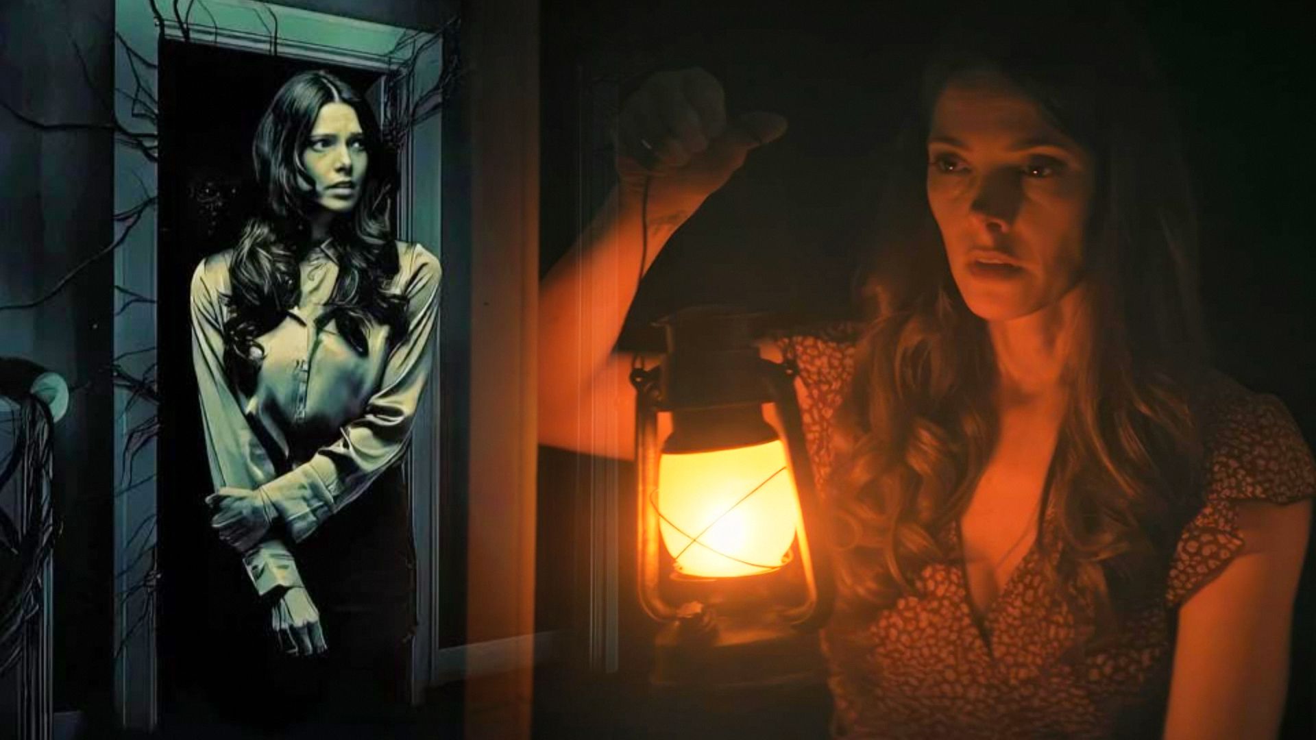 Aktorka Ashley Greene stoi w białej bluzce przy drzwiach, trzymając w prawej ręce lampę naftową