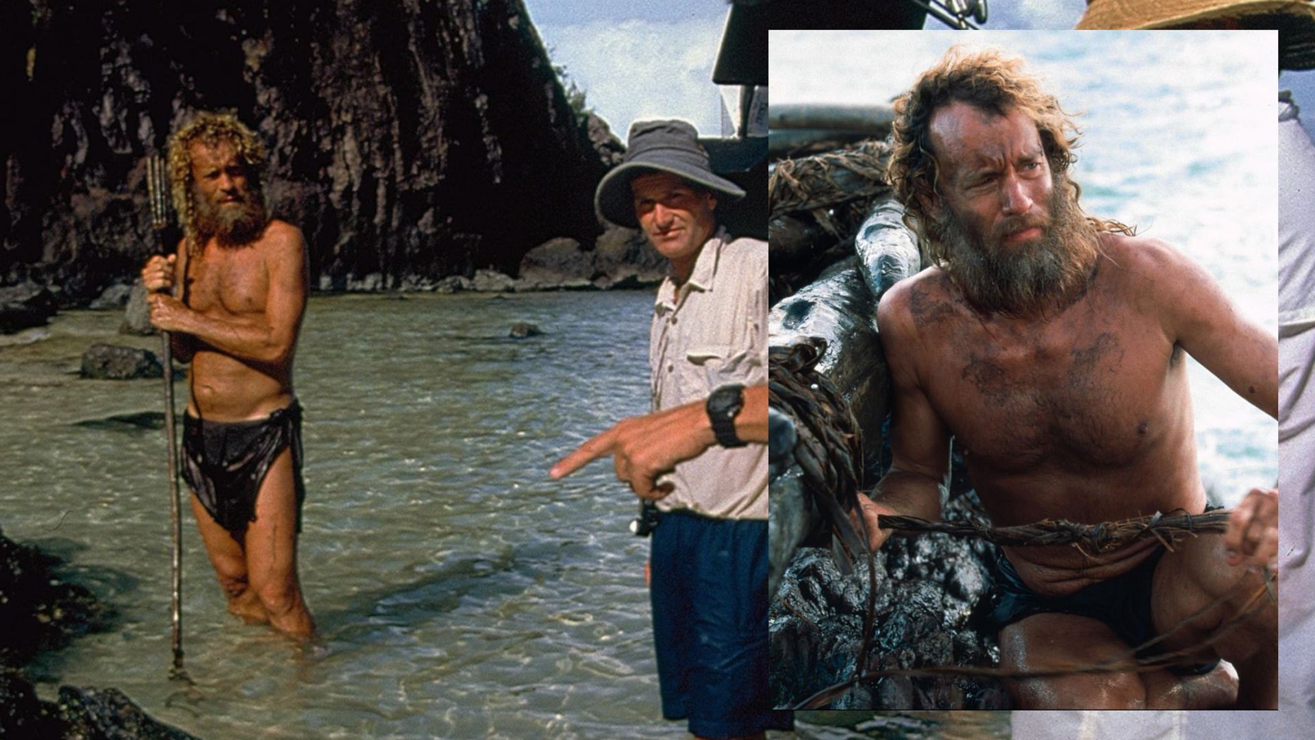Aktor Tom Hanks z kijem w rękach stoi w wodzie zwrócony w stronę klifów