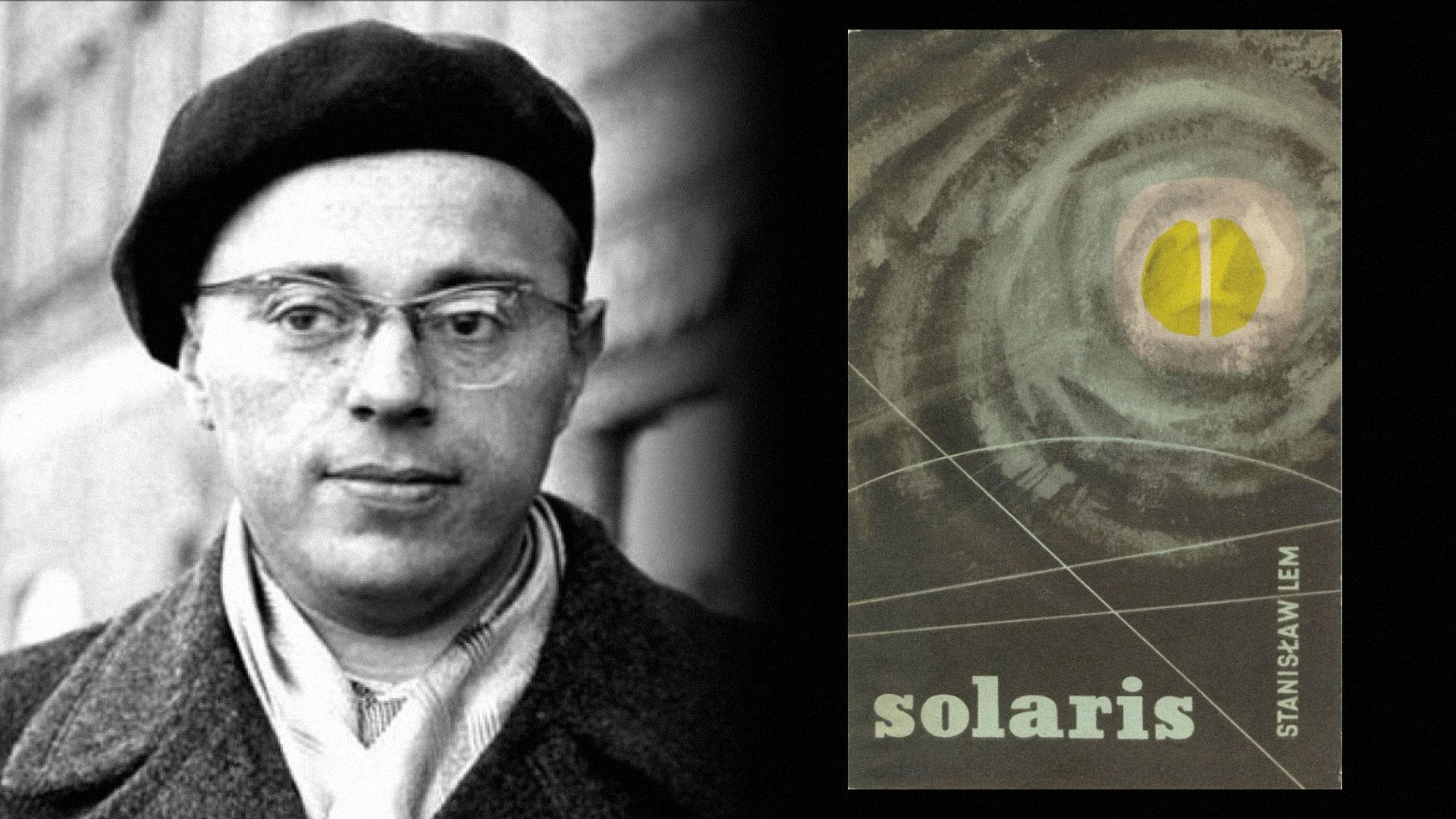 Pisarz Stanisław Lem w berecie i okularach, obok okładki książki z żółto-białą plamą