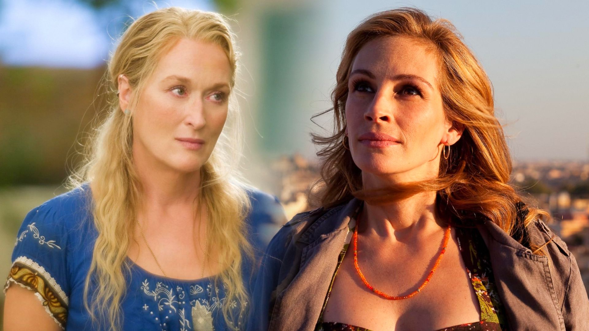 Aktorka Meryl Streep w niebieskiej sukience i aktorka Julia Roberts w szarej kurtce w słońcu
