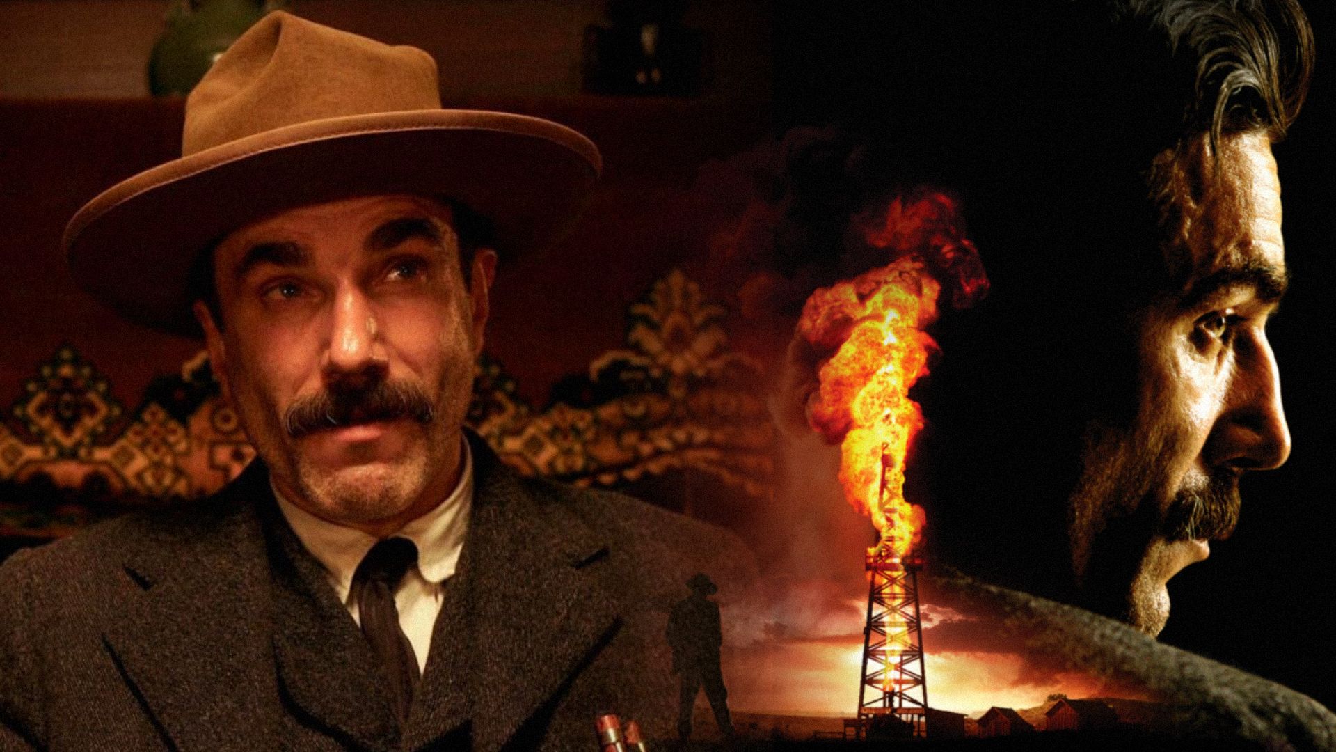 Aktor Daniel Day-Lewis w brązowym kapeluszu stojący obok płonącej wieży wiertniczej