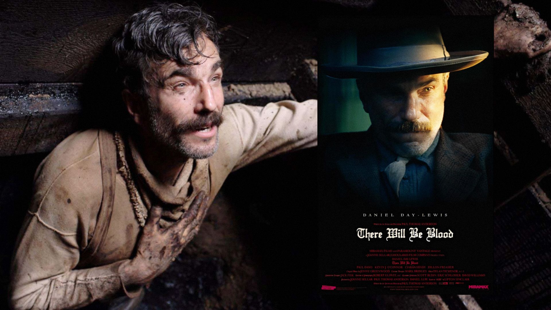 Aktor Daniel Day-Lewis w brudnych białych ubraniach, obok plakatu filmowego pokazującego aktora w garniturze i kapeluszu