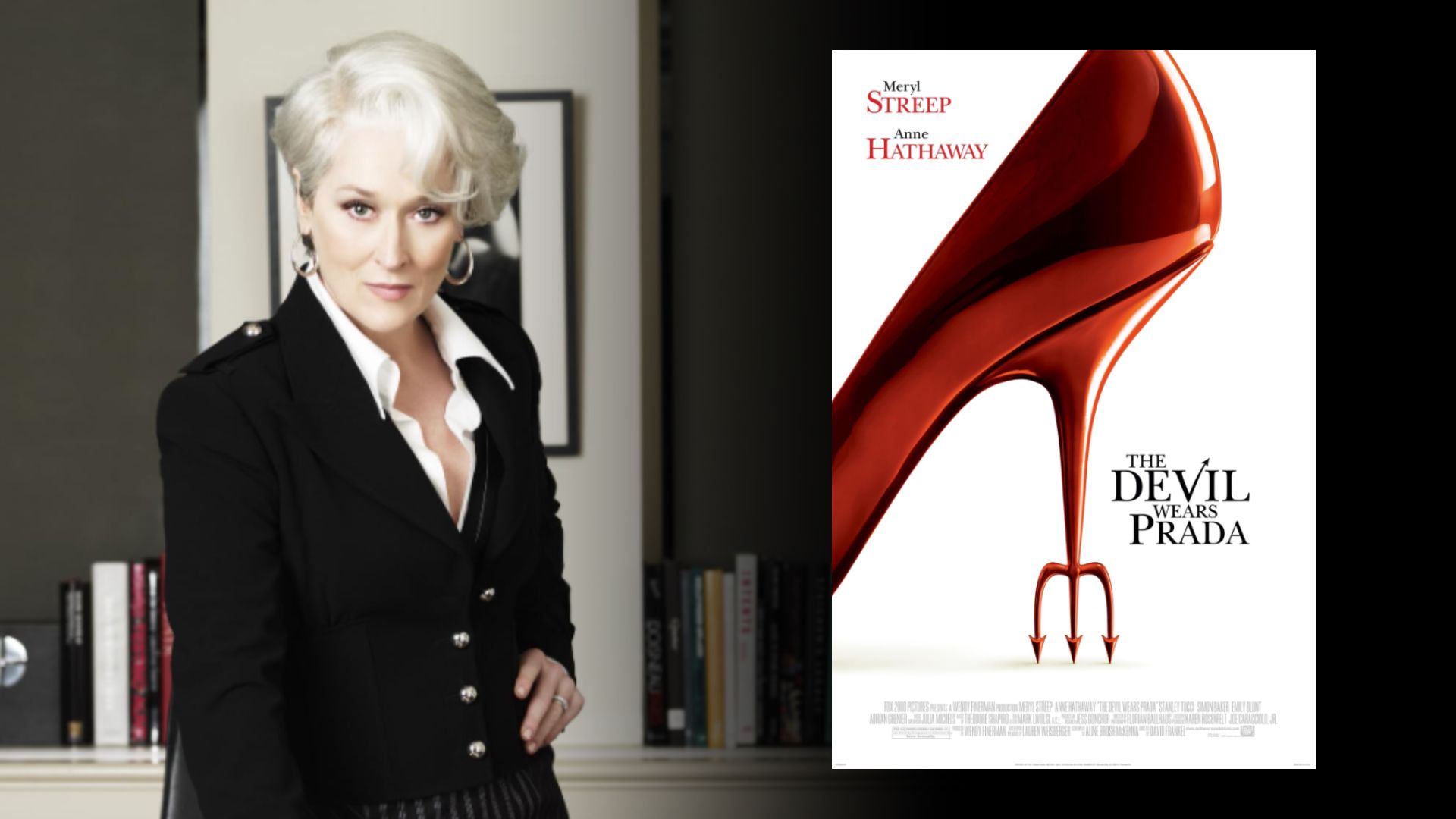 Aktorka Meryl Streep w czarnym żakiecie stoi przy stole, obok plakatu filmowego z czerwoną szpilką