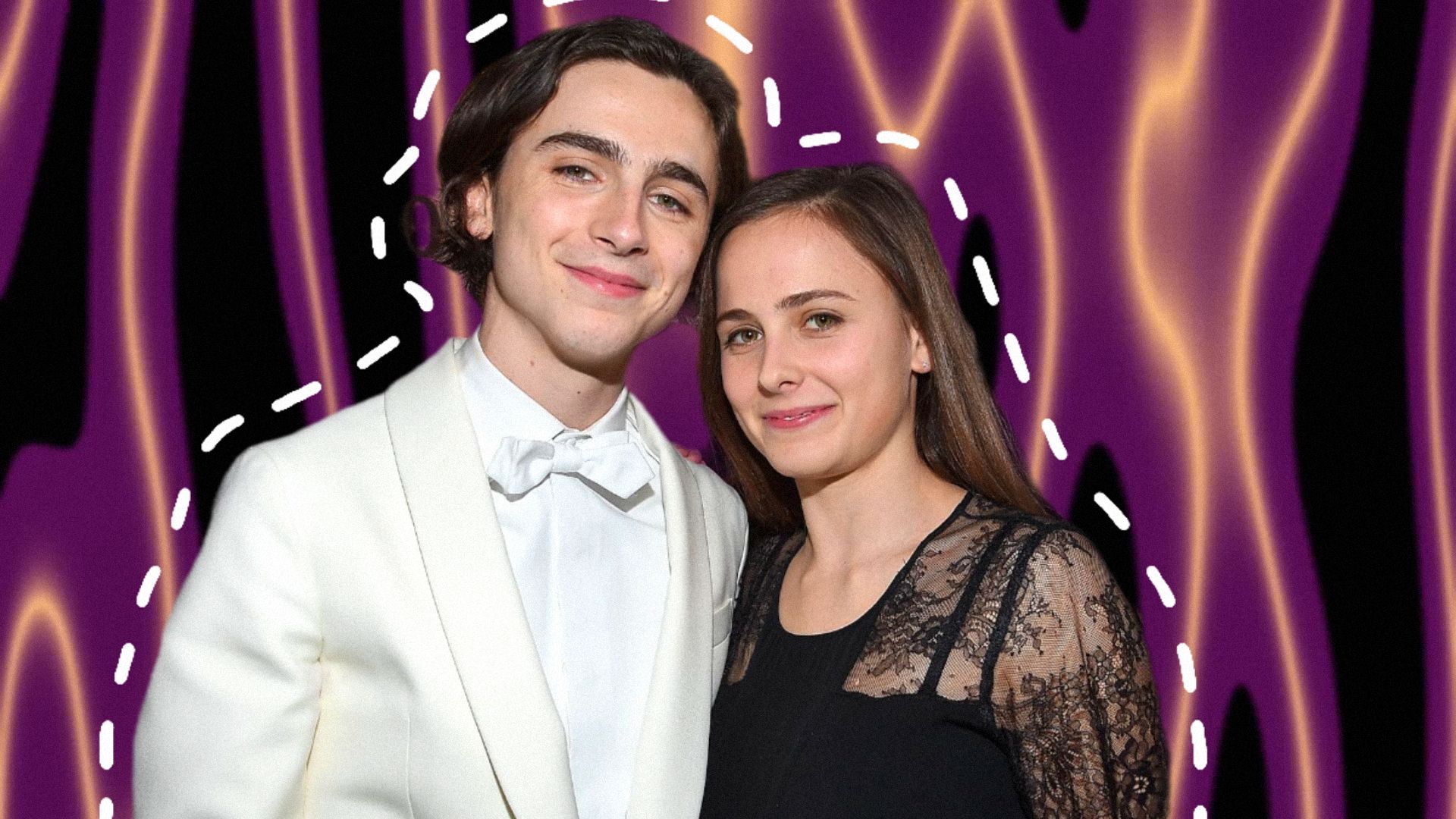 Aktor Timothée Chalamet w białej marynarce obok swojej siostry, aktorki Pauline Chalamet w czarnej sukience