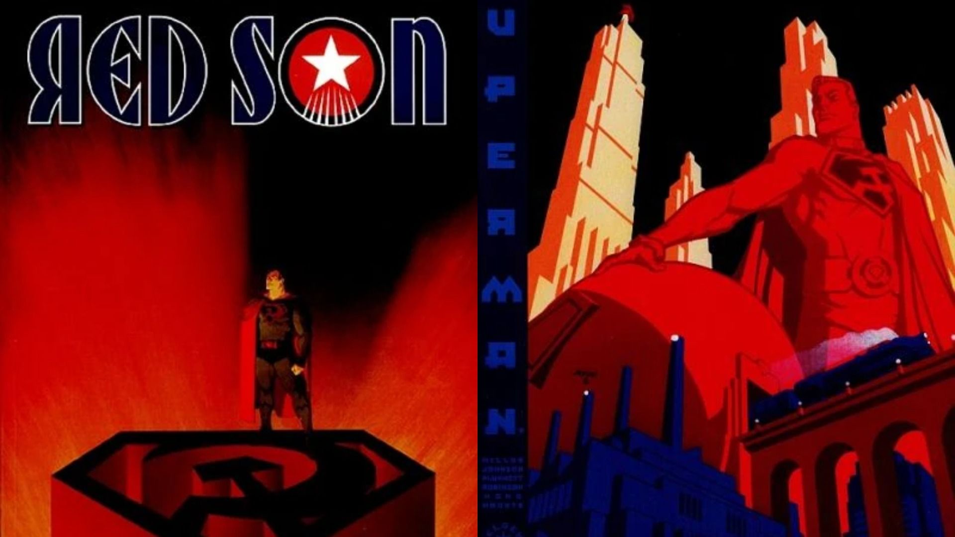 Okładki komiksów o Supermanie, gdzie superbohater stoi na piedestale w kształcie sierpa i młota