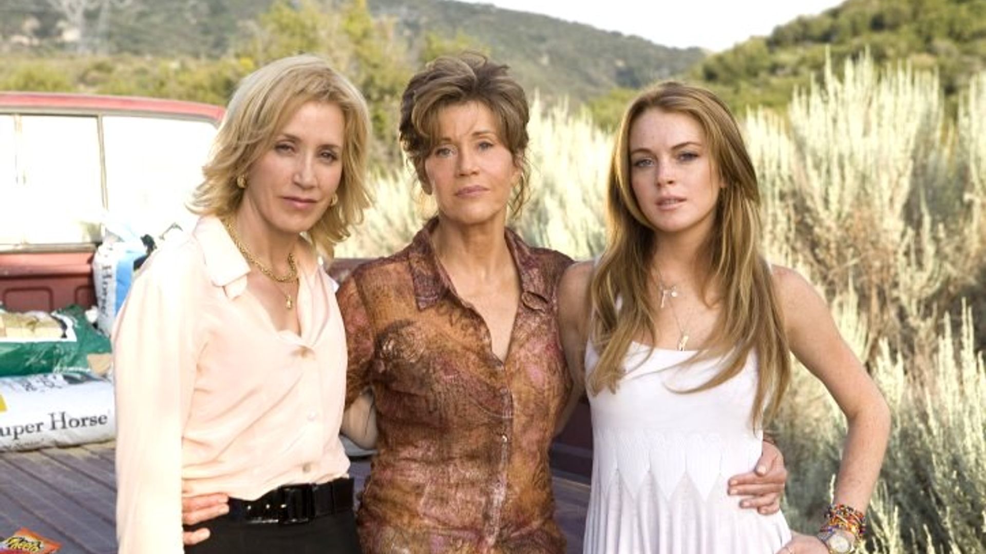 Felicity Huffman, Jane Fonda i Lindsay Lohan pozują do kamery na ulicy