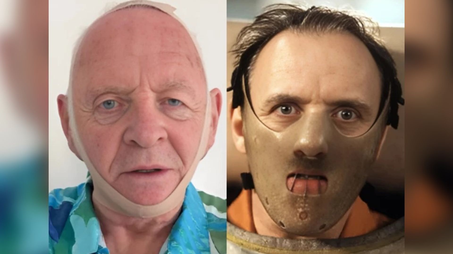 Po lewej Anthony Hopkins w bandażowej masce obecnie, po prawej kadr z jego postacią z "The Silence of the Lambs" w masce