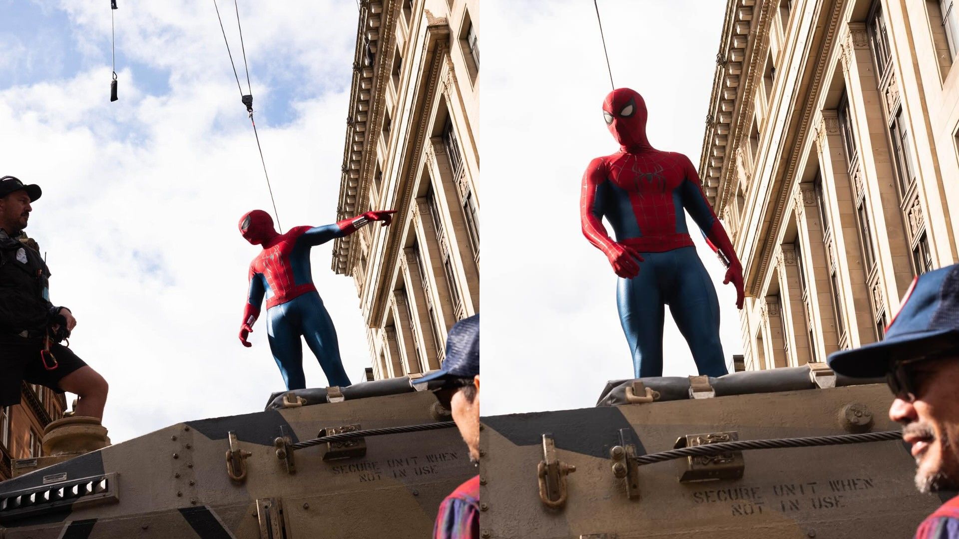 Tom Holland w kostiumie Spider-Mana na planie filmowym