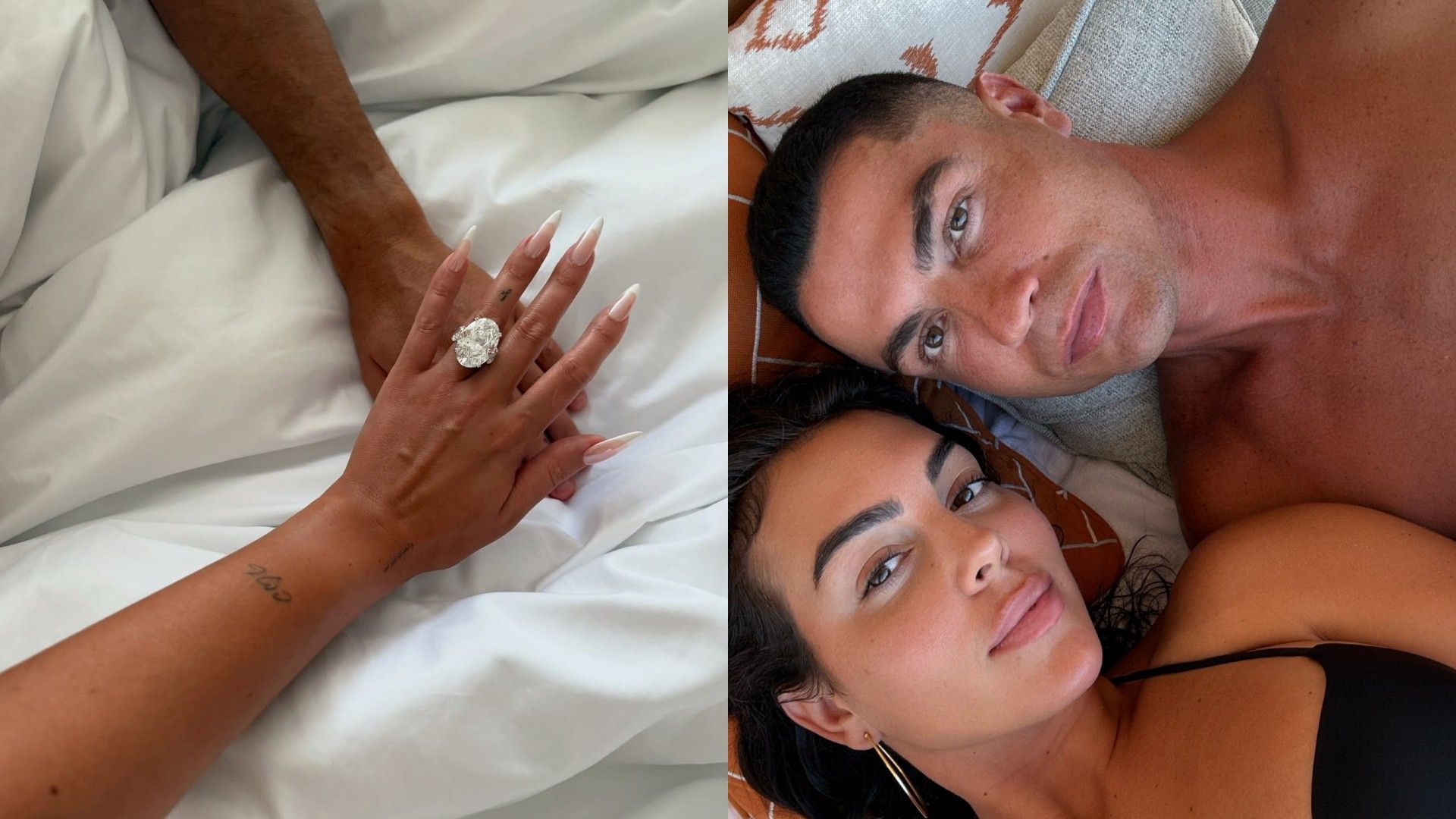 Po lewej dłoń kobiety z dużym pierścionkiem z brylantem, po prawej selfie Georginy Rodriguez i Cristiano Ronaldo