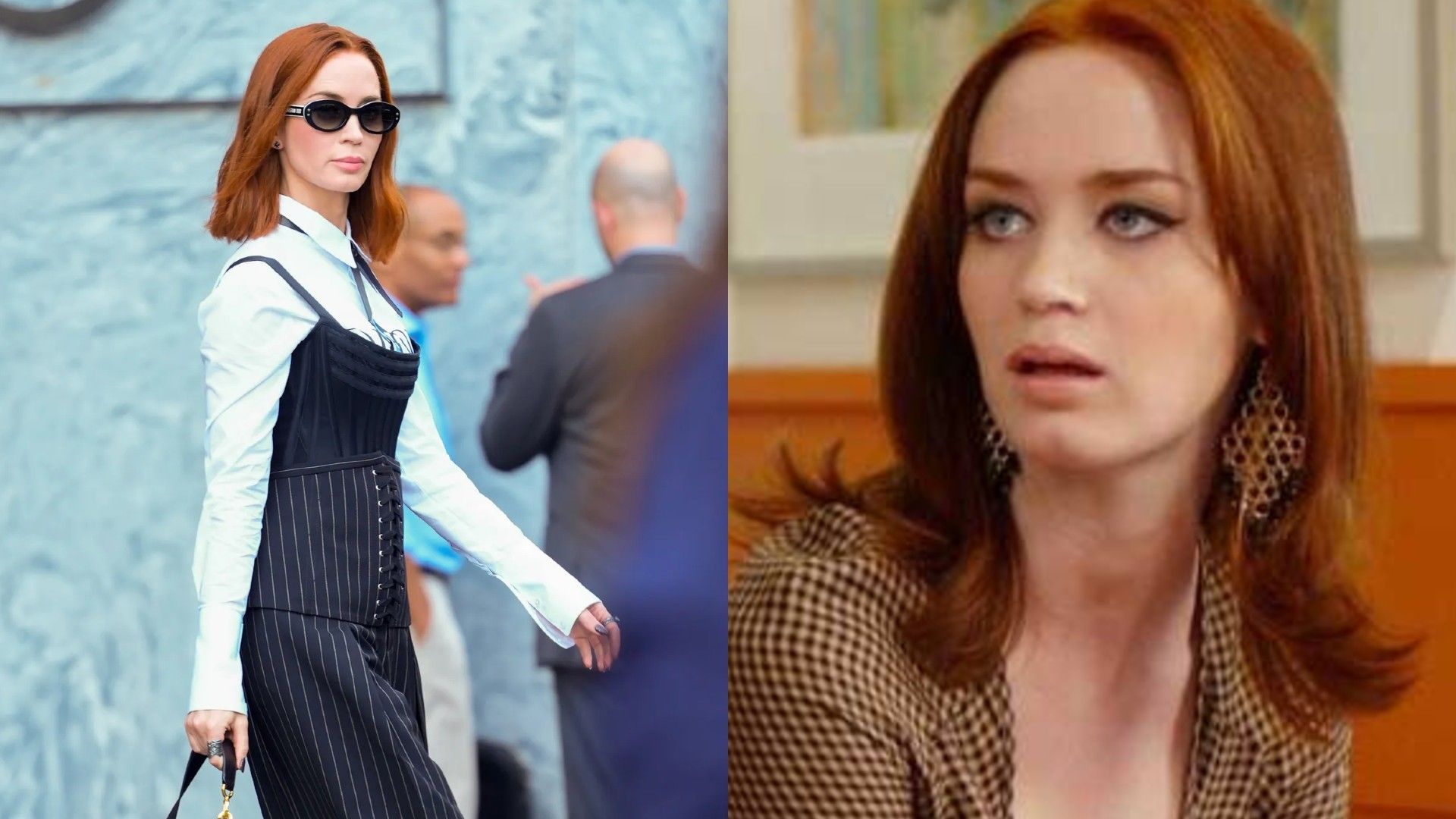 Emily Blunt, kolaż dwóch zdjęć: idąca ulicą, scena z "The Devil Wears Prada"