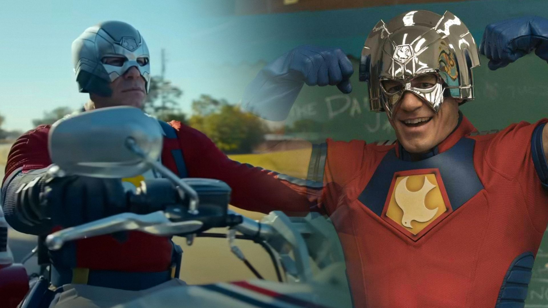 Aktor John Cena w kostiumie superbohatera noszący srebrny hełm i czerwoną kurtkę