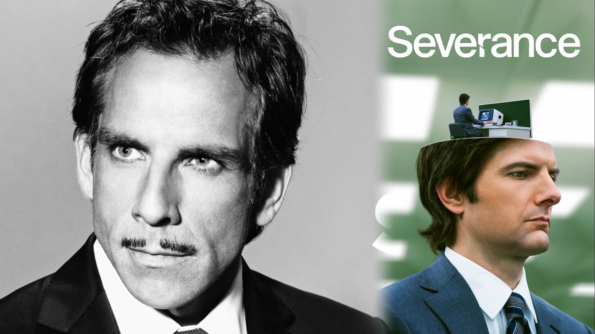 Aktor Ben Stiller w czarnej kurtce i plakat serialu przedstawiający mężczyznę w szarej kurtce