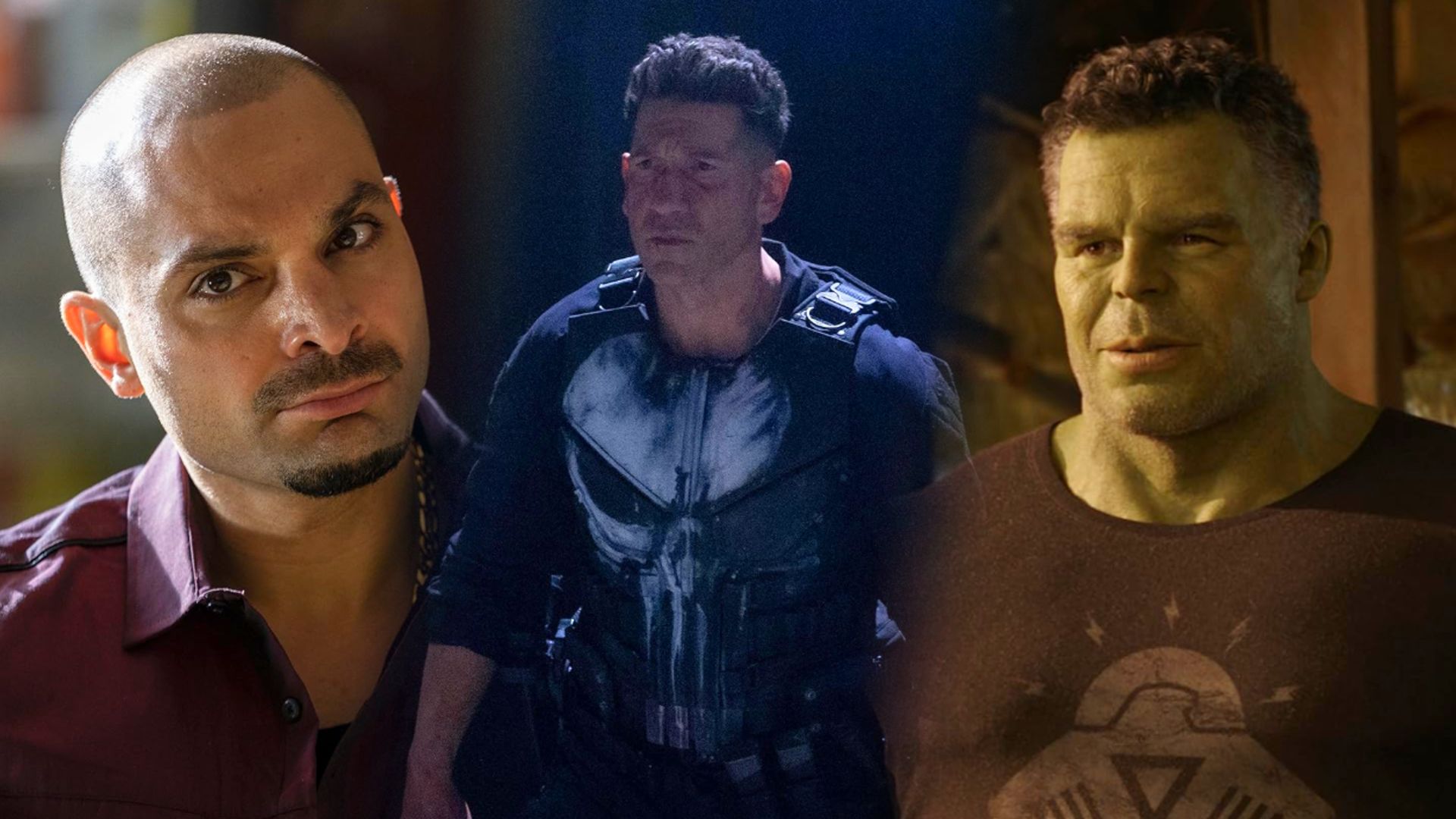 Aktor Michael Mando w czerwonej koszuli, Jon Bernthal w czarnej kamizelce kuloodpornej, Mark Ruffalo jako zielony potwór