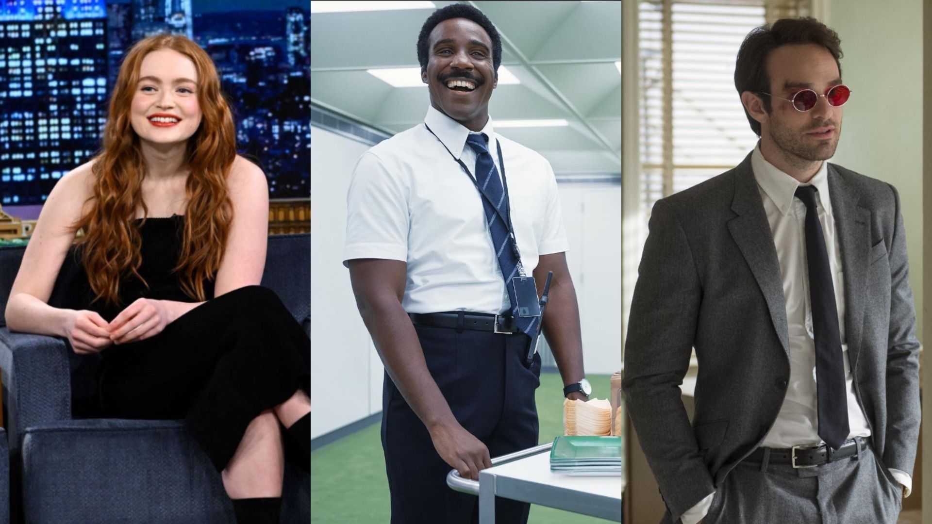 Aktorzy Sadie Sink w czarnej sukience, Tramell Tillman w białej koszuli i Charlie Cox w szarym garniturze