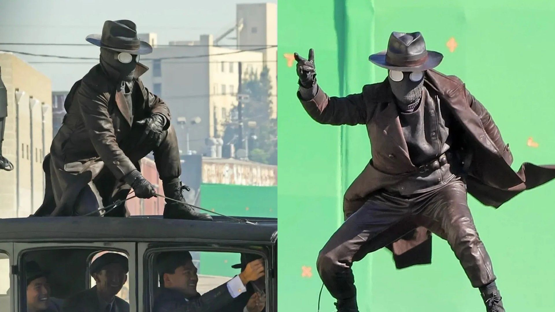 Nicolas Cage w kostiumie Spider-Man Noir na planie w skórzanym płaszczu i kapeluszu