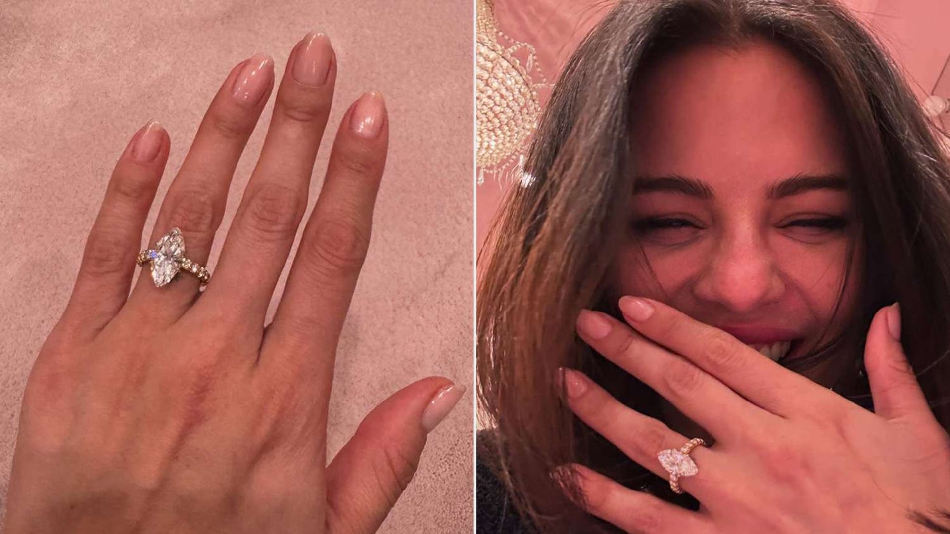 Selena Gomez prezentuje pierścionek z dużym diamentem na dłoni, na drugim zdjęciu uśmiecha się, zakrywając usta dłonią z pierścionkiem