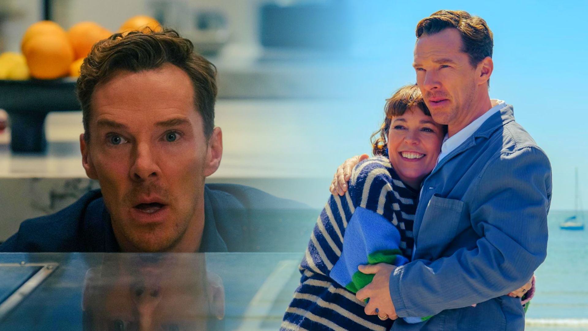 Aktor Benedict Cumberbatch w niebieskiej marynarce obejmuje aktorkę Olivię Colman w pasiastym swetrze