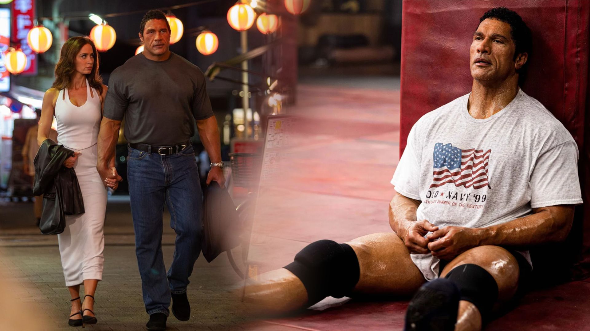 Aktor Dwayne Johnson w szarej koszulce idzie ulicą z Emily Blunt w białej sukience