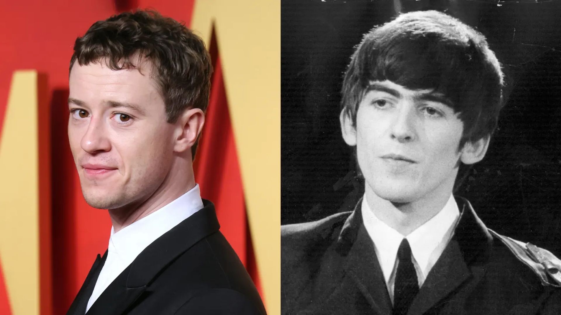 Kolaż dwóch zdjęć: Joseph Quinn i młody George Harrison