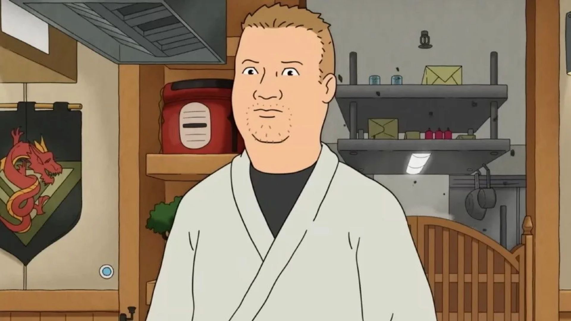 Scena z serialu animowanego King of the Hill przedstawiająca dorosłego Bobby'ego Hilla w szlafroku