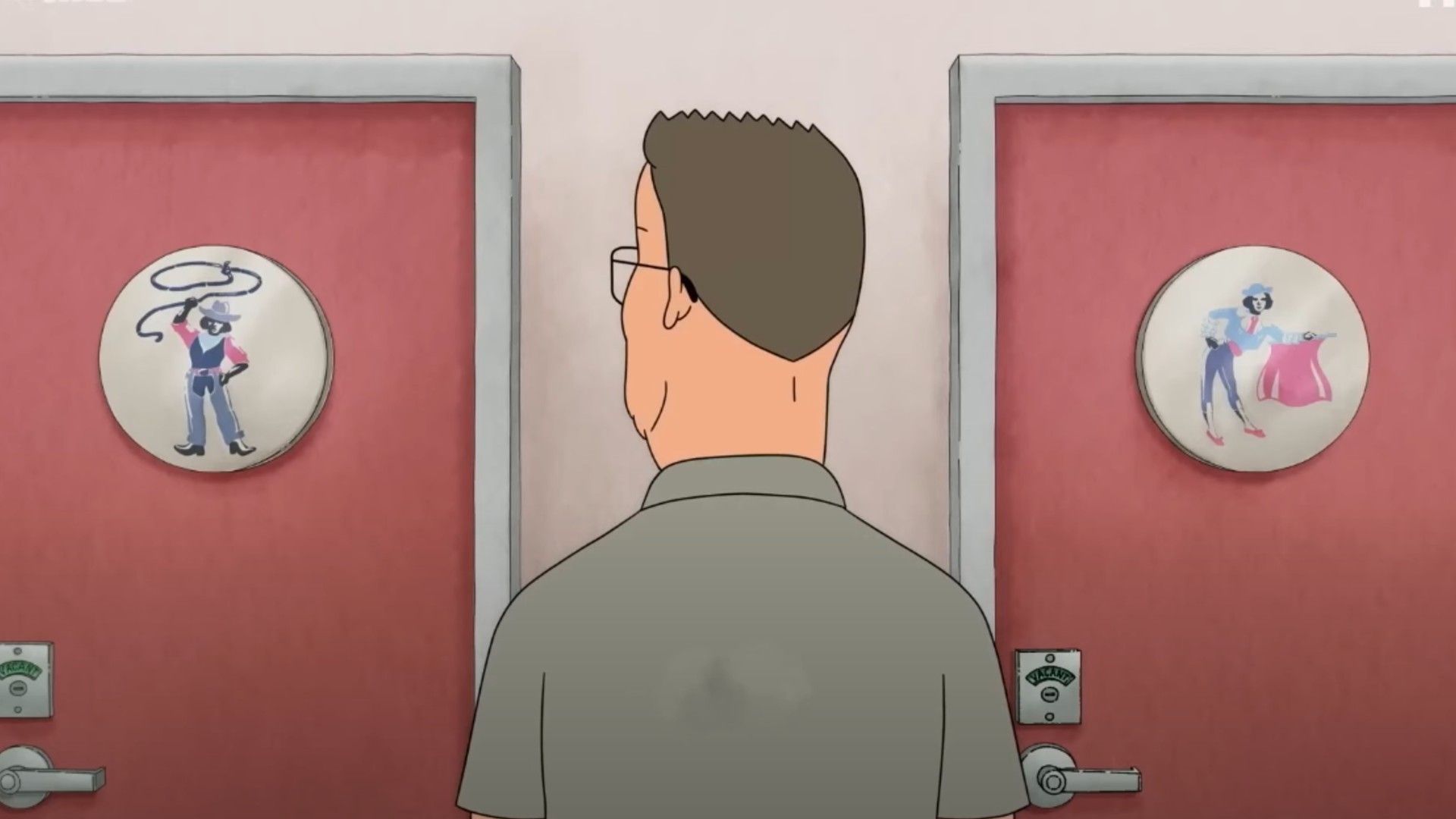 Scena z serialu animowanego King of the Hill pokazująca Hanka Hilla wybierającego kabinę w toalecie