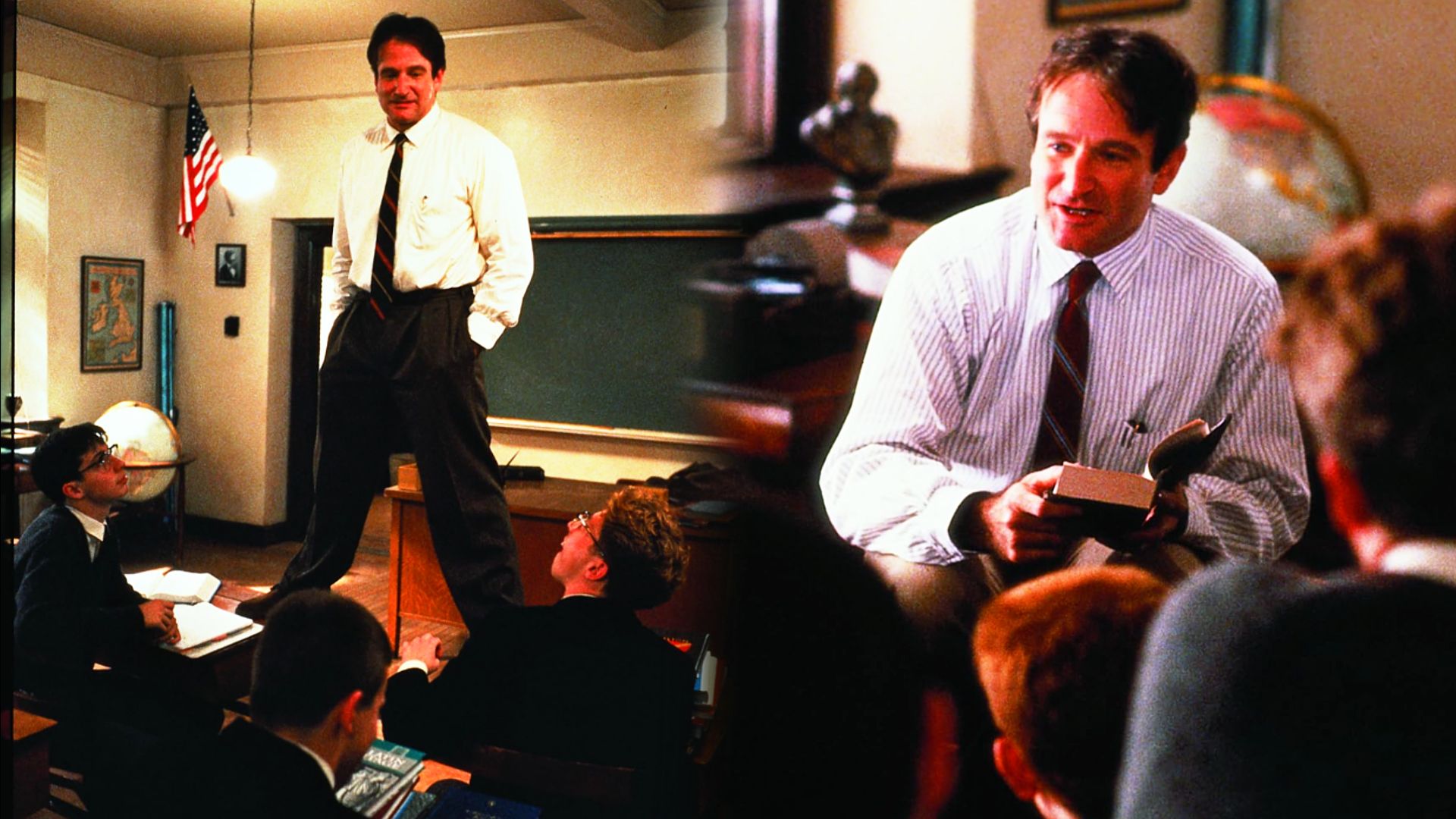Aktor Robin Williams w białej koszuli i krawacie stoi na stole, trzymając w rękach książkę