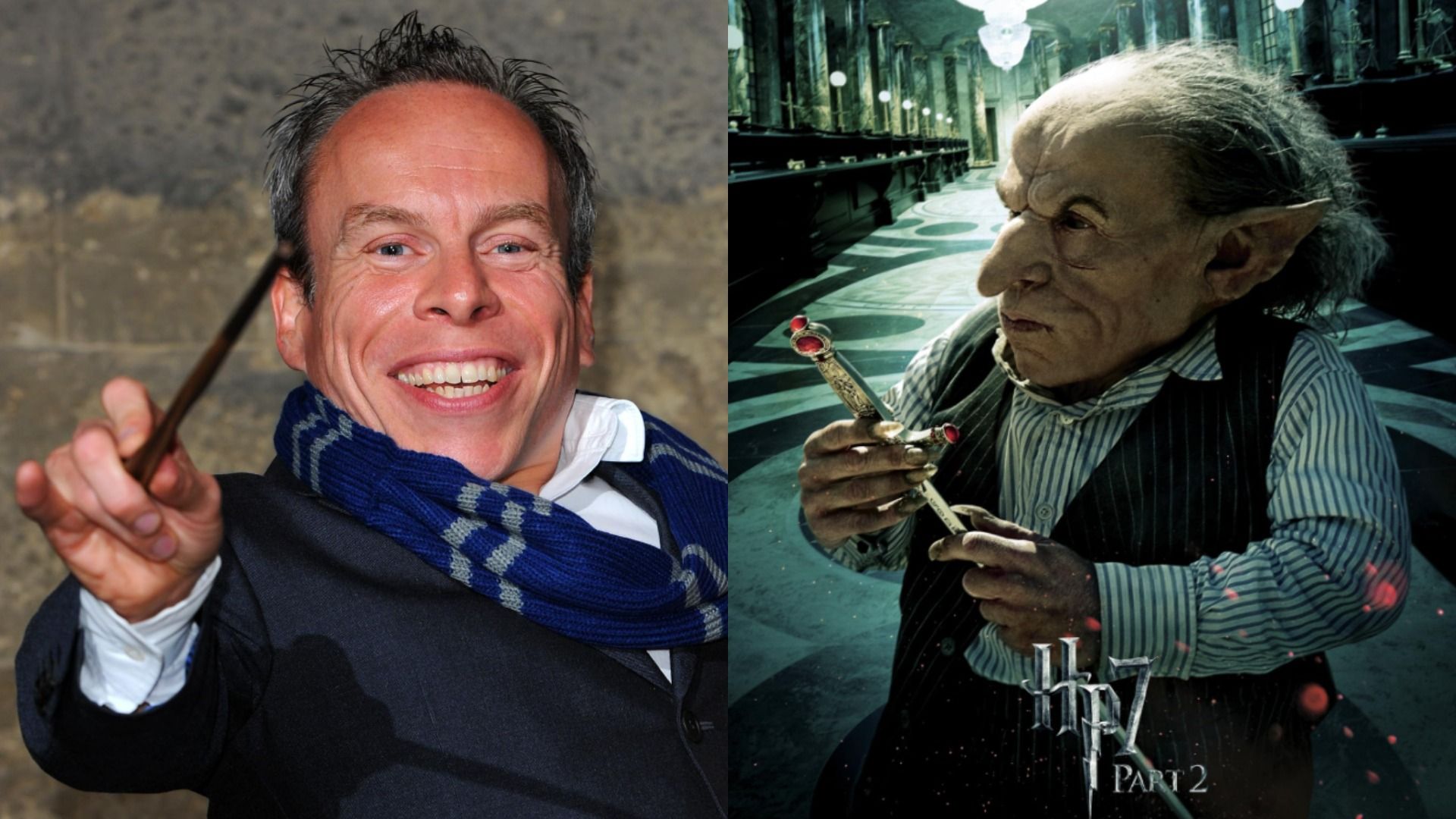 Aktor Warwick Davis w czarnej kurtce trzymający różdżkę, po prawej w makijażu goblina