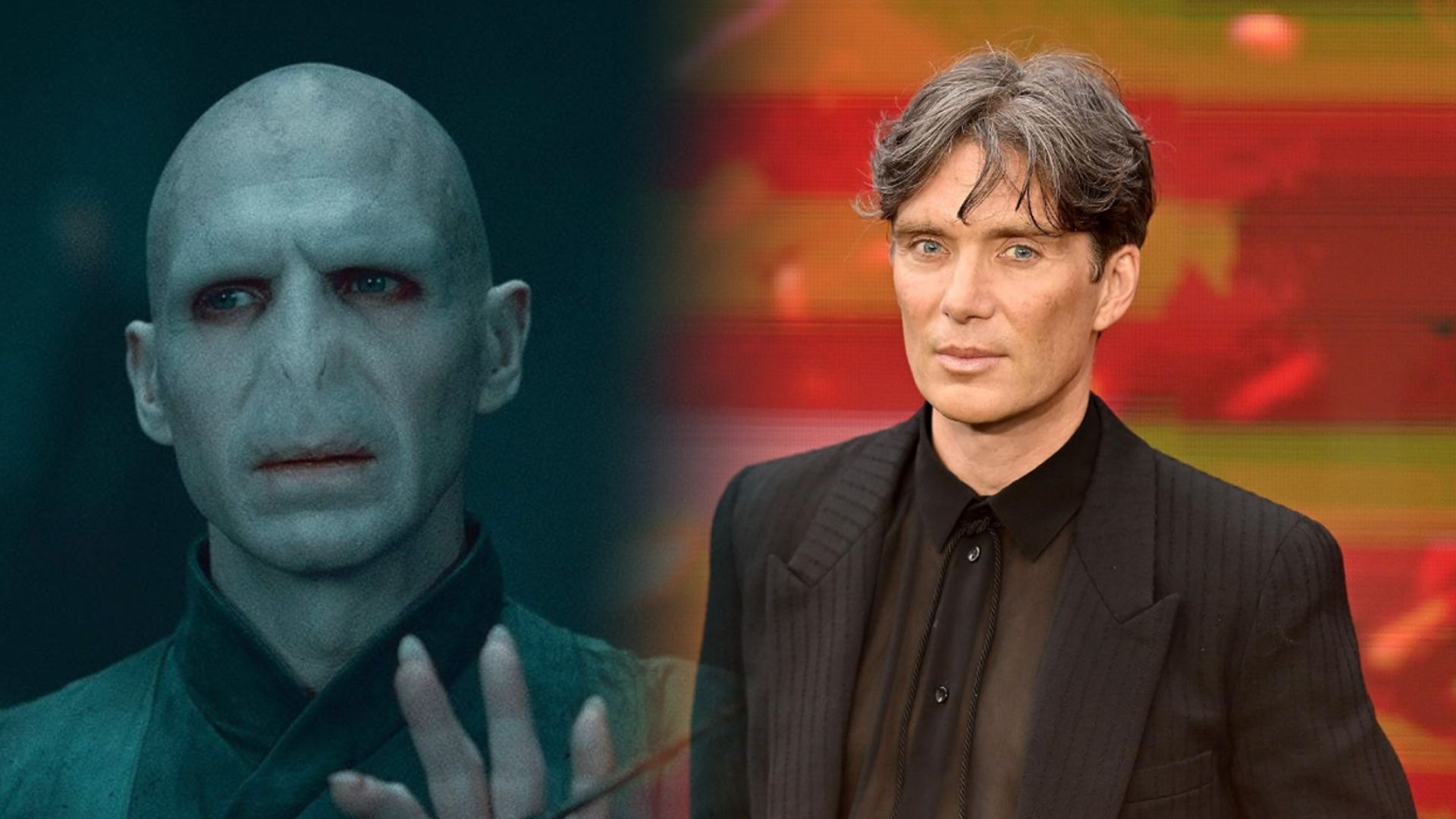 Aktor Ralph Fiennes w charakteryzacji bez nosa i aktor Cillian Murphy w czarnym garniturze na czerwonym dywanie
