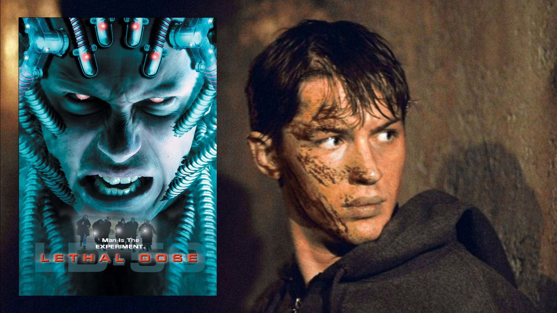 Aktor Tom Hardy w szarej bluzie z kapturem stoi przy ścianie, po lewej plakat filmowy pokazujący złowrogą twarz z przewodami