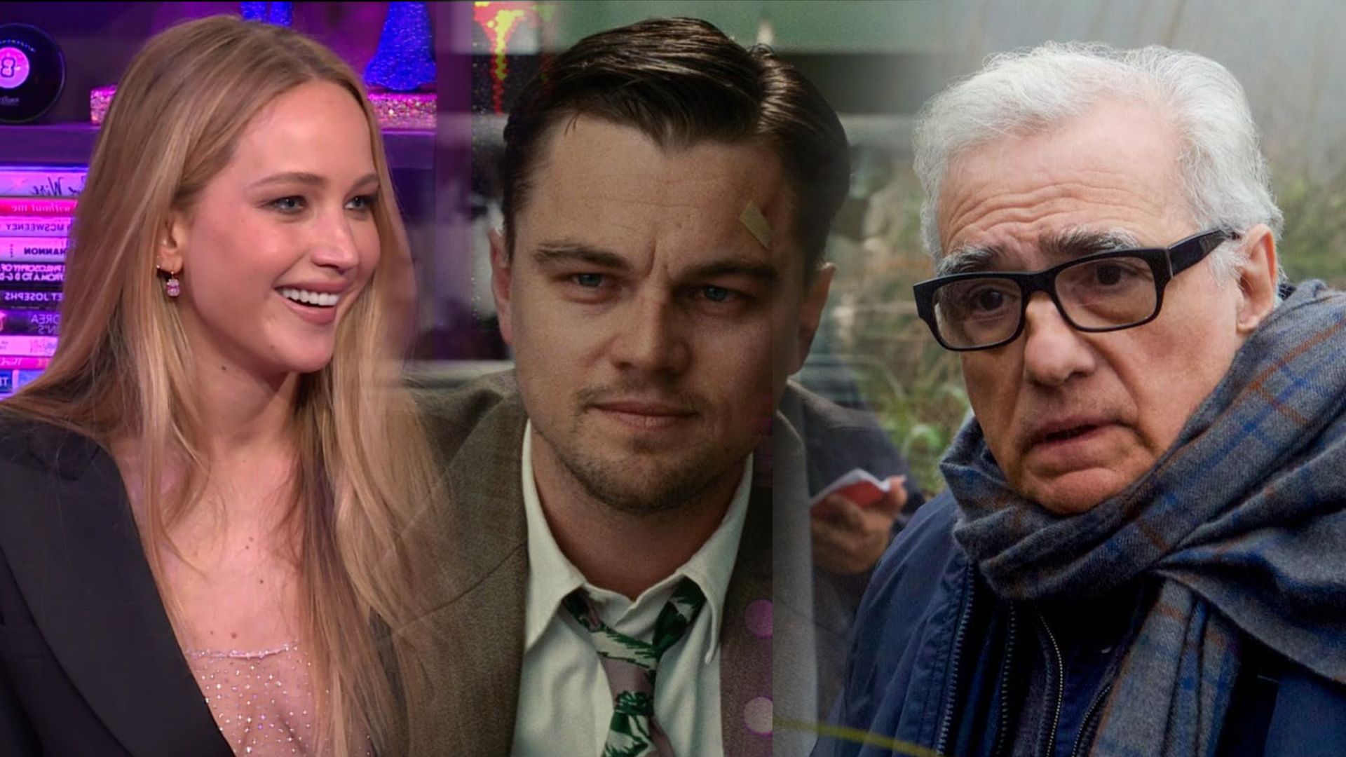 Aktorka Jennifer Lawrence w czarnej marynarce, Leonardo DiCaprio w beżowej marynarce i reżyser Martin Scorsese w niebieskiej kurtce