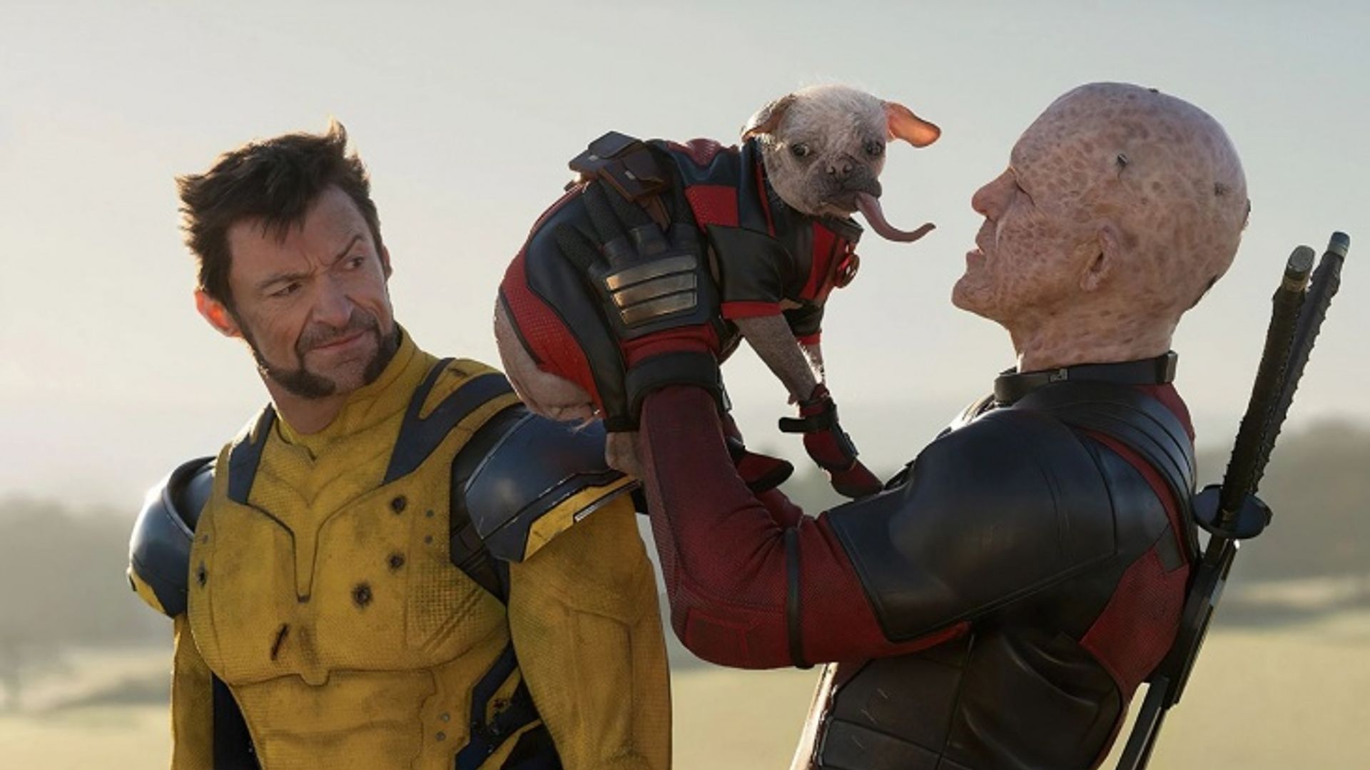 Deadpool trzymający psa w kostiumie, podczas gdy Wolverine w żółtym stroju patrzy na nich ze zdziwieniem