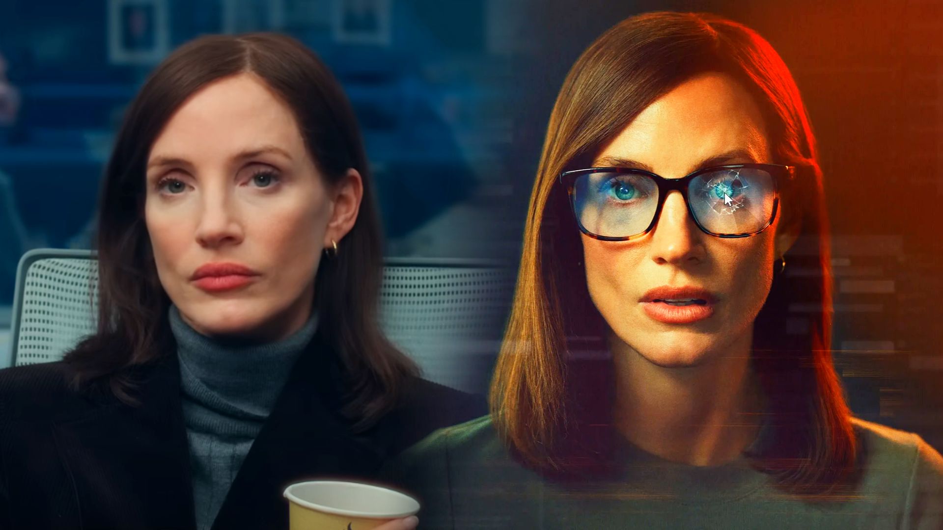 Aktorka Jessica Chastain w czarnej marynarce i połamanych okularach patrzy w kamerę