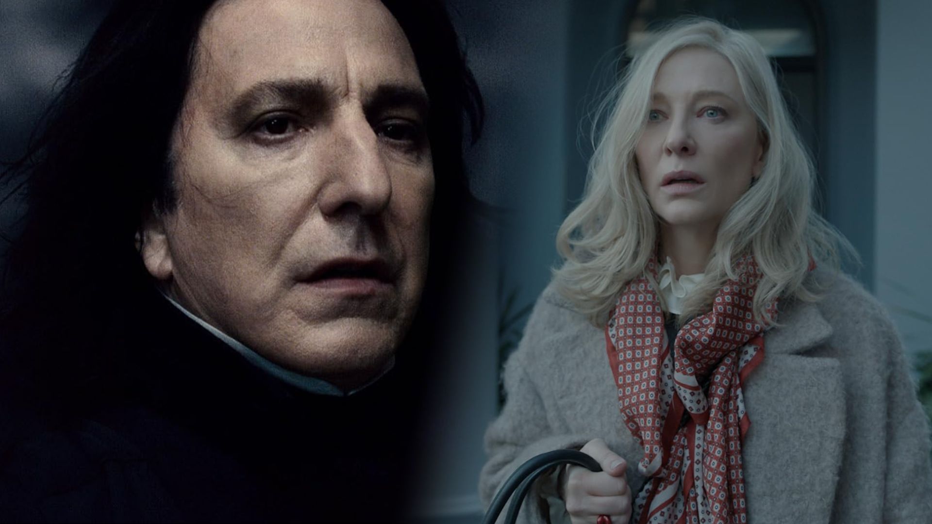 Aktor Alan Rickman z czarnymi włosami w czarnej pelerynie, Cate Blanchett w szarym płaszczu