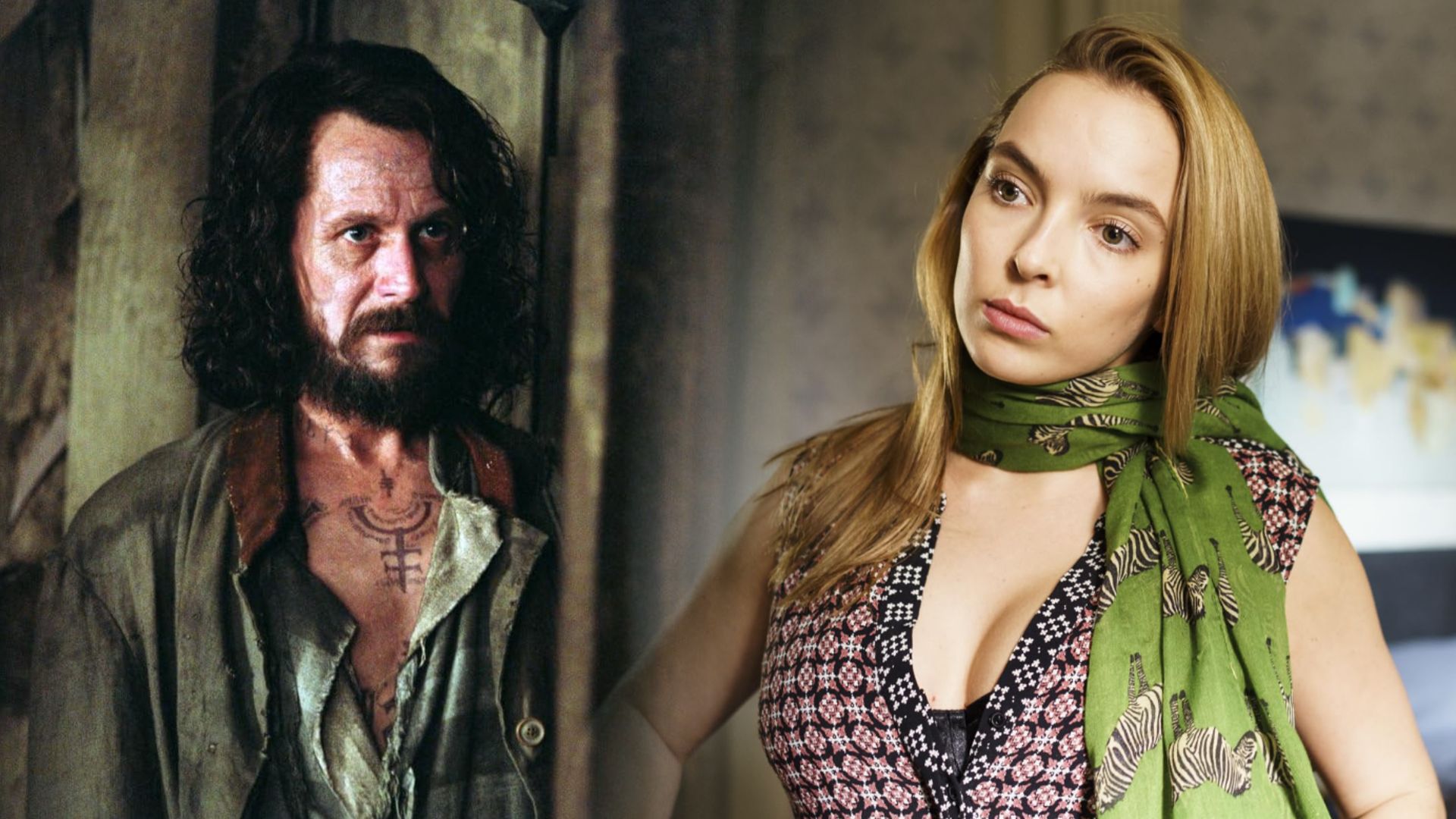 Aktor Gary Oldman w łachmanach, Jodie Comer w różowej kamizelce z szalikiem na szyi