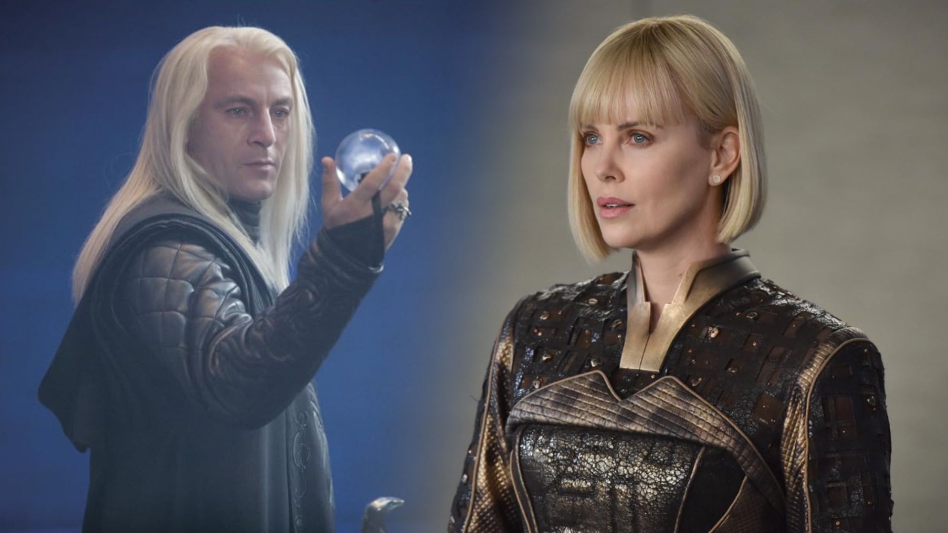 Aktor Jason Isaacs z długimi białymi włosami, Charlize Theron z białymi włosami