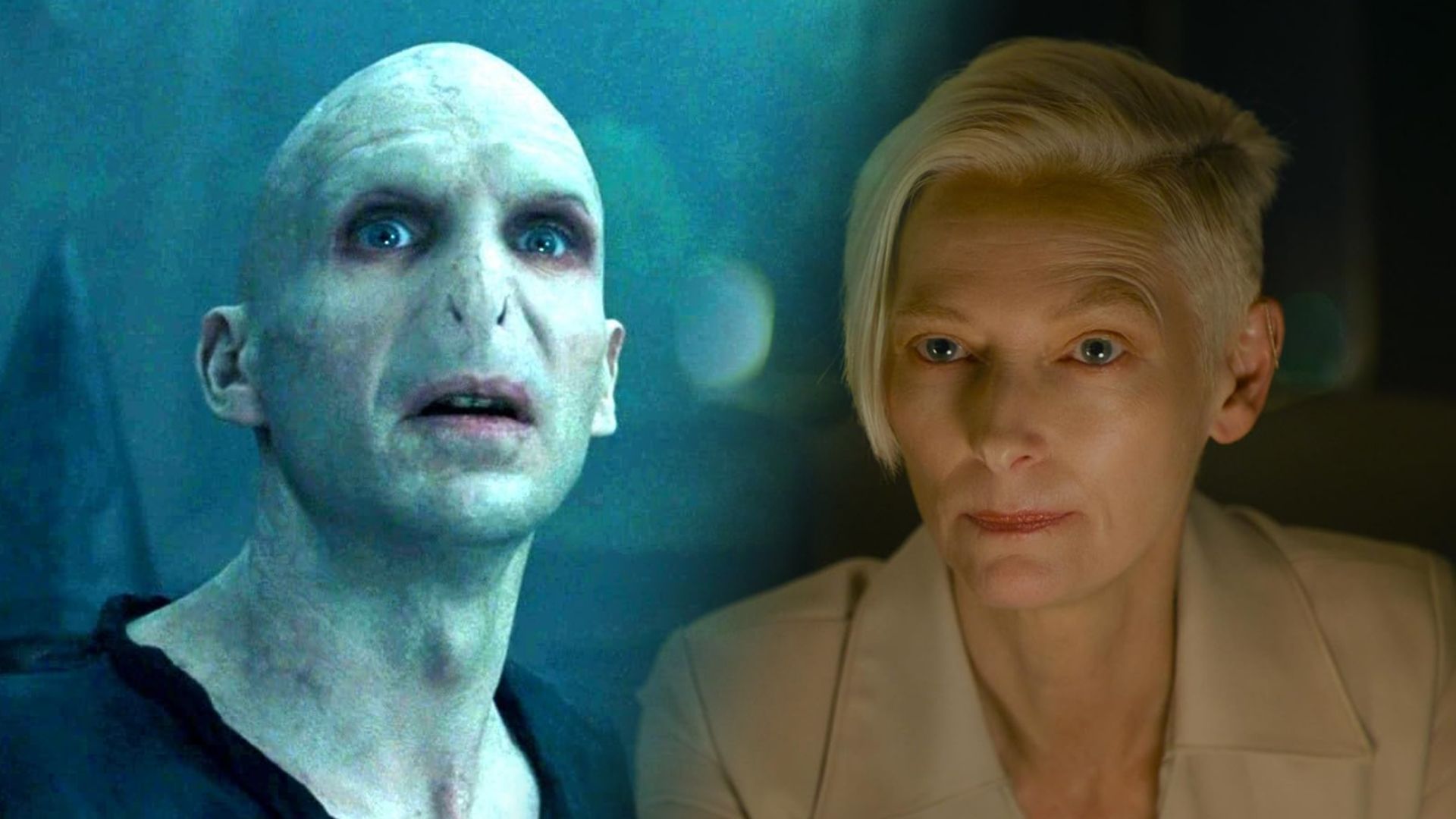 Aktor Ralph Fiennes bez nosa i z szarą skórą, aktorka Tilda Swinton z białymi włosami w białej marynarce