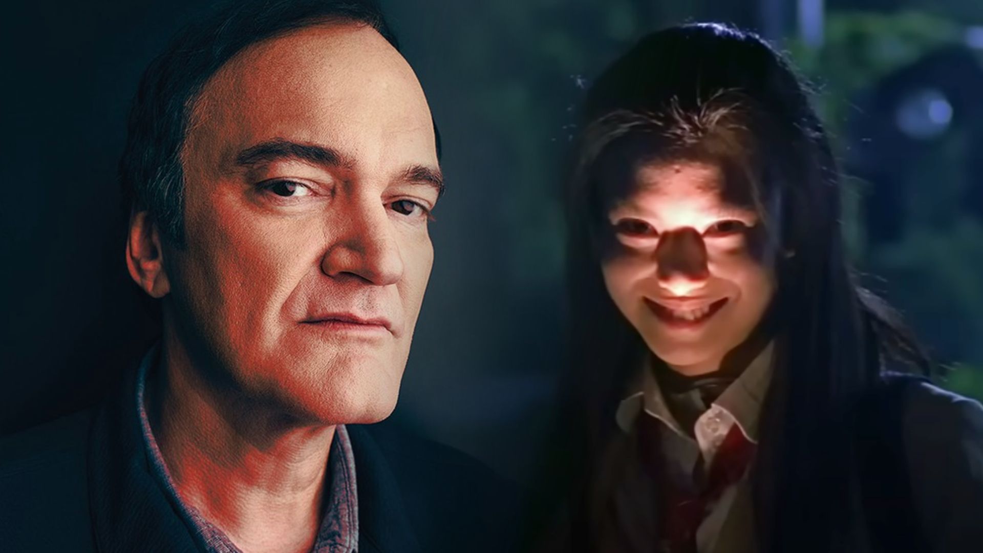 Reżyser Quentin Tarantino w czarnej kurtce, Japonka w szkolnym mundurku po prawej