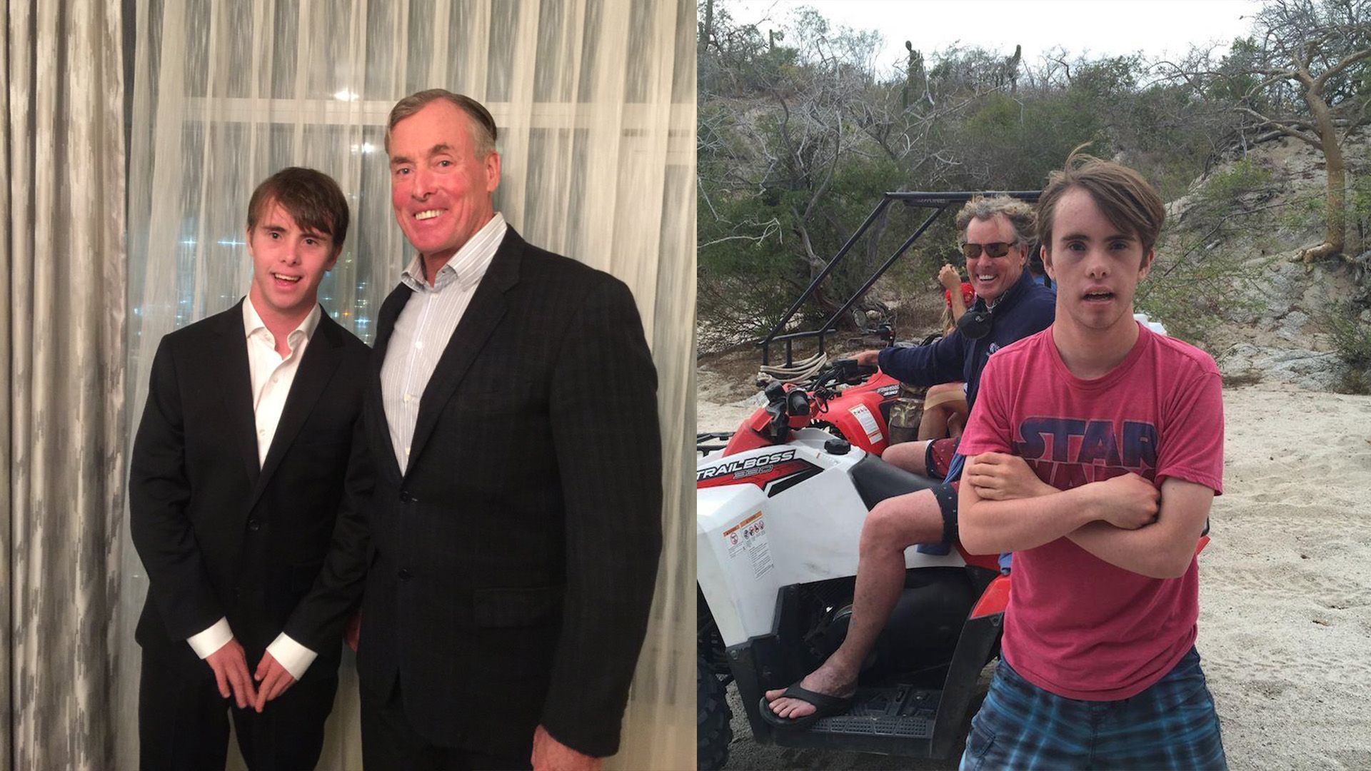 Kolaż: John C. McGinley i jego syn Max w marynarkach; John C. McGinley z synem Maxem na wakacjach